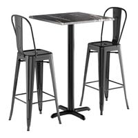 Lancaster Table & Seating Excalibur 27 1/2" x 27 1/2" Square Smooth Letizia Bar Height Table with 2 Alloy Series Black Outdoor Cafe Barstools