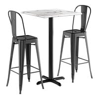 Lancaster Table & Seating Excalibur 27 1/2" x 27 1/2" Square Smooth Versilla Bar Height Table with 2 Alloy Series Black Outdoor Cafe Barstools