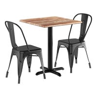 Lancaster Table & Seating Excalibur 27 1/2" x 27 1/2" Square Textured Yukon Oak Standard Height Table with 2 Alloy Series Onyx Black Outdoor Cafe Chairs