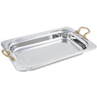 Bon Chef 5608HR 22" x 14" x 3" Stainless Steel 9 Qt. Full Size Rectangular Arches Design Food Pan with Round Brass Handles