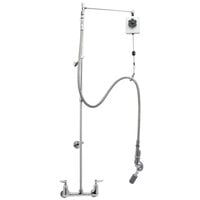 T&S B-0140 Wall Mounted 51 3/4" High Pre-Rinse Faucet with Adjustable 8" Centers, Angled Low Flow Spray Valve, Balancer, 68" Hose, 12" Add-On Faucet, Vacuum Breaker, and 6" Wall Bracket