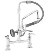 T&S B-0175-04 Deck Mounted Pre-Rinse Faucet with Adjustable 8" Centers, Angled Spray Valve, 104" Hose, 12" Add-On Faucet, 90 Degree Swivel Adapter, and Wall Hook