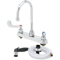 T&S B-1172-07-WH4 Deck Mount Workboard Faucet with 8" Centers, 5 3/4" Gooseneck Spout, 4" Wrist Action Handles, and Sidespray