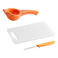 Choice 10" x 6" x 3/8" White Bar Size Cutting Board and Orange Prep Set