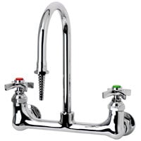 T&S BL-5725-01 Wall Mount Mixing Faucet with 8" Adjustable Centers, 5 7/8" Rigid Gooseneck Spout, Serrated Tip, and 4 Arm Handles