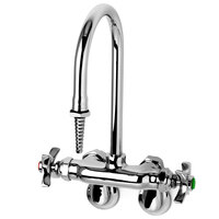 T&S BL-5740-02 Wall Mount Polished Chrome Mixing Faucet with Adjustable Arm Centers, 5 7/8" Gooseneck Spout, Serrated Tip, and 4 Arm Handles