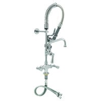 T&S MPX-2DCN-08-CR EasyInstall Deck Mounted 24 13/16" High Mini Pre-Rinse Faucet with Flex Inlets, Angled Spray Valve, Club Handles, 24" Hose, 8" Add-On Faucet, and 6" Wall Bracket