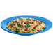 A Tablecraft sky blue cast aluminum platter with pasta, shrimp, and vegetables.