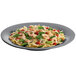 A Tablecraft granite serving platter with pasta, shrimp, and vegetables.