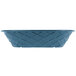 A blue polyethylene oval weave basket with a pattern.