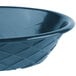 A blue polyethylene oval weave basket with a patterned rim.