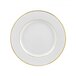 A white porcelain luncheon plate with double gold lines around the rim.