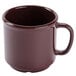 A brown GET plastic coffee mug with a handle.