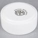 A white round American Metalcraft porcelain salt and pepper dish with a logo on it.