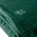 A close-up of a jade green Oxford fleece blanket with a white design on it.