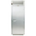 The open stainless steel solid door of a Traulsen roll-thru refrigerator.