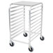 A stainless steel Cres Cor half height sheet pan rack with wheels.