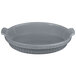 A gray Tablecraft shallow oval casserole dish with handles.