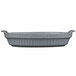 A white Tablecraft gray cast aluminum oval casserole dish with handles.