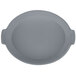 A Tablecraft gray cast aluminum oval casserole dish with handles.