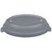 A grey plastic lid on a Tablecraft gray cast aluminum casserole dish.