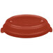 A red plastic lid for a Tablecraft copper casserole dish on a white background.