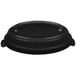 A Tablecraft black cast aluminum casserole dish with a black plastic lid with a metal ring.