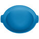 A sky blue Tablecraft oval casserole dish with handles.