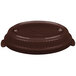 A brown cast aluminum lid with a speckled design and a handle.