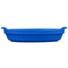 A cobalt blue Tablecraft small shallow oval casserole dish with handles.