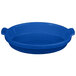 A blue Tablecraft shallow oval casserole dish with handles.