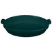 A hunter green and white speckled Tablecraft cast aluminum casserole dish with handles.