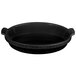 A close-up of a black Tablecraft small shallow oval casserole dish with handles.