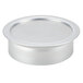 An American Metalcraft silver round pizza dough pan with straight sides.