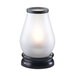 A Sterno hurricane frost glass lamp cylinder with a lit white candle inside.