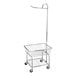 A chrome metal laundry cart with a basket and valet hanger on wheels.