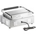 A silver rectangular Avantco commercial panini grill with black handles and a cord.