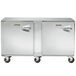 A stainless steel Traulsen undercounter refrigerator with two left hinged doors and wheels.