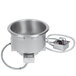 A silver metal Hatco drop-in heated soup well with wires attached.