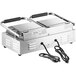 An Avantco stainless steel commercial panini grill with black wires.