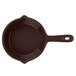 A brown cast aluminum fry pan with handle.