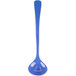 A blue speckled cast aluminum long ladle with a blue plastic handle.
