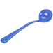 A blue cast aluminum long ladle with a speckled pattern.
