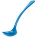 A Tablecraft sky blue cast aluminum long ladle with a long handle.