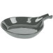 A grey cast aluminum skillet with an open handle.
