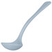 A gray cast aluminum long ladle with a white handle.