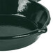 A close-up of a hunter green Tablecraft cast aluminum fry pan with a handle.