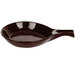 A brown cast aluminum skillet with an open handle.