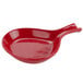 A Tuxton China fry pan server in red with a spoon-shaped bowl.