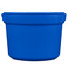 A blue Tablecraft cast aluminum bain marie soup bowl with a lid.